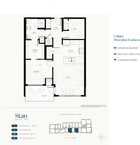 Floor plan for 1 bed, 1 bath, 892 sqft